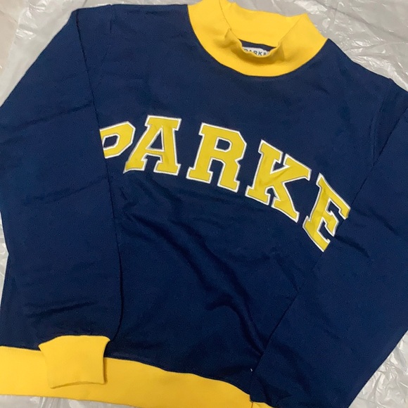 Retro Navy & Yellow Parke Lettering color-Block Mock Neck Pullover size L/XL
